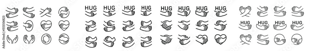 Collection of hand-drawn illustrations depicting hugs and love symbols arranged in a grid format for creative designs Collection of hand-drawn illustrations depicting hugs and love symbols arranged in a grid format for creative designs