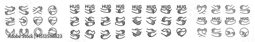 Collection of hand-drawn illustrations depicting hugs and love symbols arranged in a grid format for creative designs