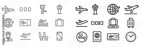 Collection of travel and aviation icons representing various elements of air travel and airport experience