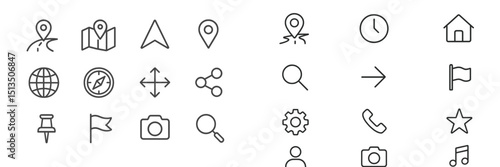 Vector icons representing navigation tools and services for maps, locations, and communication