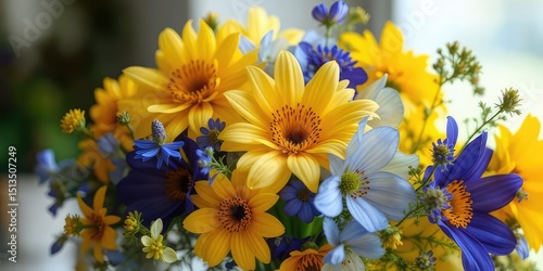 A Delicate Arrangement of Yellow and Blue Flowers