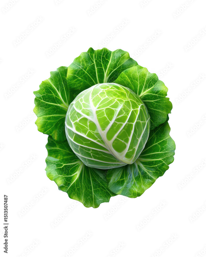 Fototapeta premium Green Cabbage with Fresh Leaves on White Background