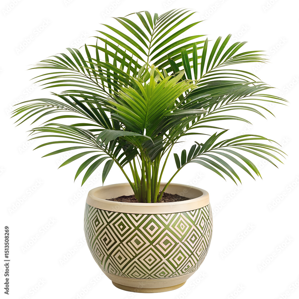 Obraz premium Tropical palm in boho ceramic pot with engraved design