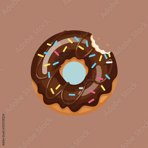 An appealing cartoon donut is frosted with chocolate and topped with colorful sprinkles.