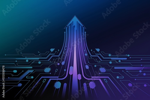 Predictive Analytics: Abstract technology circuit board with arrow pointing upwards, representing data analytics, artificial intelligence, and future innovation