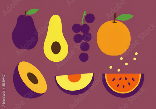 Colorful Flat Lay Fruit Illustration Avocado, Plum, Grape