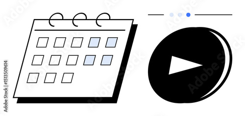 Calendar with highlighted dates paired with a bold play button, representing event planning, scheduling, or media content streaming. Ideal for organization, project management, media planning, time