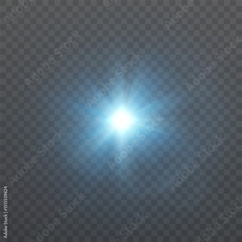 Bright blue lens flare with radial glow and soft transparent beams. 