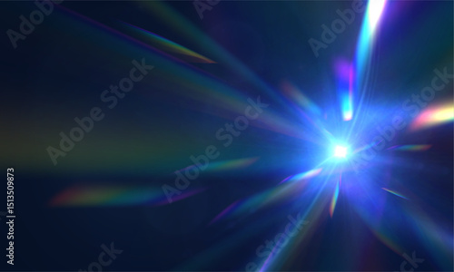 Abstract optical flare with iridescent spectrum and glowing rays on a dark backdrop.