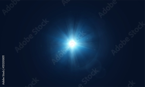 Abstract bright blue light burst with glowing rays on dark background. 