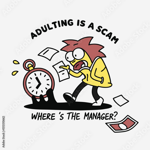 A minimalist yet expressive vector of a disheveled cartoon character surrounded by unpaid bills and a melting clock
