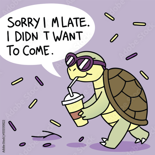 A sassy cartoon tortoise in sunglasses, casually sipping iced coffee while crawling