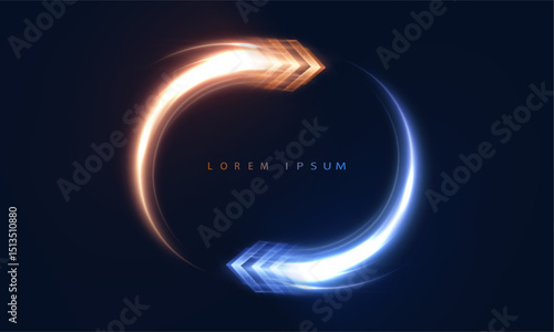 Circular motion element with glowing orange and blue light arrows forming a loop on dark background. Concept of data flow, process rotation, futuristic cycles, and digital transitions.

