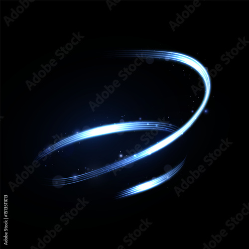 Curved glowing stripe in neon blue with shimmering particles and motion blur on dark background. Dynamic light trail element for sci-fi designs