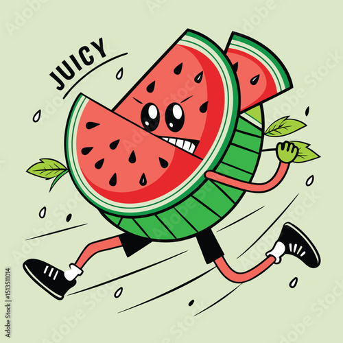  sliced watermelon with arms/legs in a full sprint