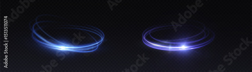 Blue and violet glowing light rings with spark particles on transparent background. Dynamic elliptical energy swirls with motion blur and luminescent edges.

