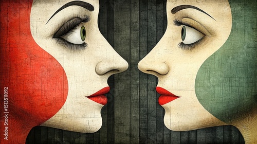 Stylized Female Portraits in Red and Green Hues Against Dark Background