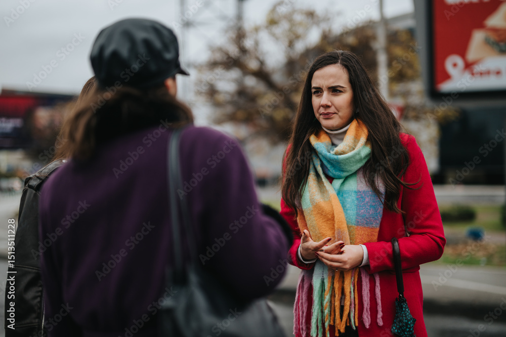Fototapeta premium Two women dressed warmly share a moment together in the city, showcasing companionship and vibrant winter fashion on a rainy urban day.