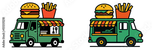 Food truck offering burgers and fries on a busy street during lunchtime in a vibrant urban setting