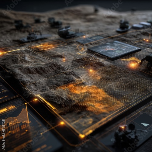 AI-powered battlefield analysis center featuring terrain mapping, threat identification, resource optimization, and tactical recommendations with digital overlays for military intelligence operations