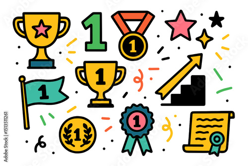 Celebrating achievements with colorful illustrations of trophies, medals, and awards displayed on a festive background
