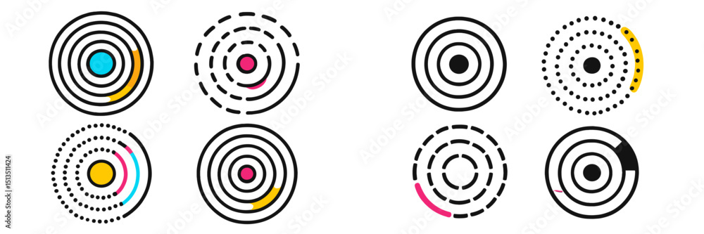 Various circular patterns with different colors and styles presented on a white background Various circular patterns with different colors and styles presented on a white background