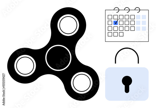 Black fidget spinner next to a calendar with a blue checkmark and a padlock. Ideal for productivity, focus, task management, security, planning, mental health, self-care. Flat simple metaphor