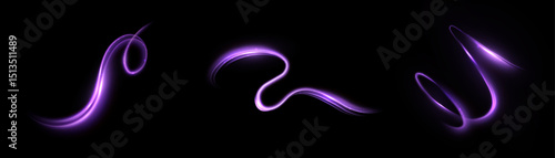 
Curved glowing purple light swirls on a dark background with soft glow and shine. Futuristic design elements for energy effects, speed concepts or dynamic interfaces.