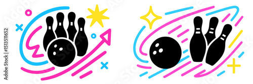 Colorful graphic of bowling pins and a bowling ball with dynamic lines representing movement and fun