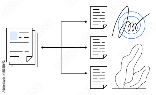 Stacked documents connected to individual files, digital signature, and abstract shapes. Ideal for business process, document management, digital transformation, workflow automation, file