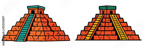 Mayan pyramids depicted with distinct colors and designs showcasing cultural elements in ancient architecture