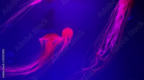 Observe the mesmerizing movements of a vibrant jellyfish in an aquarium, illuminated by colorful lights, creating an enchanting underwater atmosphere.
