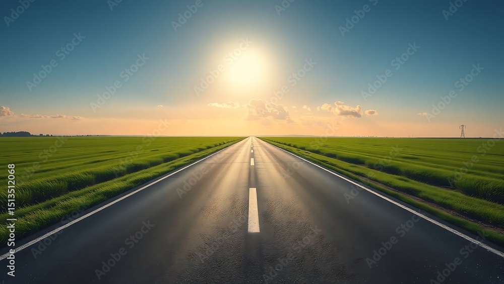 Fototapeta premium A long straight road stretching to the horizon with green fields and a bright sun in the sky above it