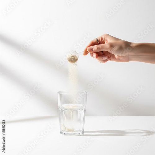 Dynamic side-angle capture of a woman’s hand pouring collagen powder from a scoop into a glass of water. Neutral beige background with soft shadows