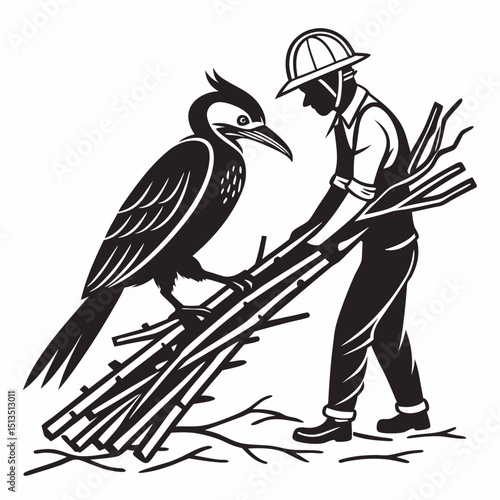 Man carrying wood with a bird watching