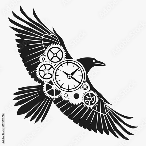 Steampunk raven with clockwork wings in flight