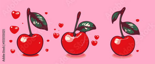 Three glossy cherries with heart accents, in a cute cartoon style on a pink background. The illustration uses the trendy, bold, and shiny pop style.