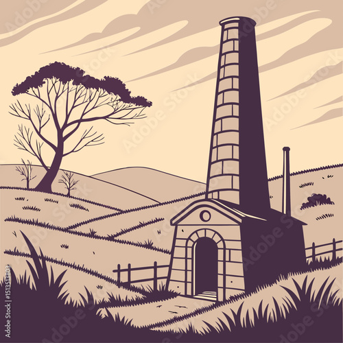 Rural landscape with old stone chimney and factory