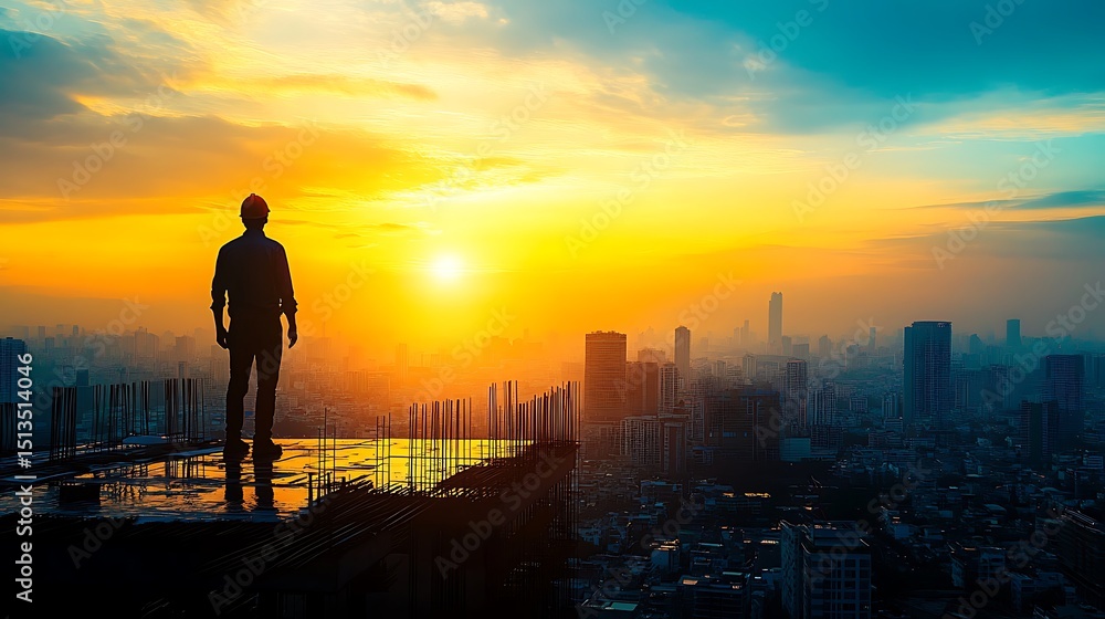 Fototapeta premium Construction Worker Silhouetted Against Sunset Cityscape