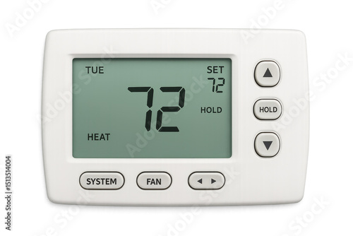 Digital thermostat showing 72 degrees fahrenheit on transparent background