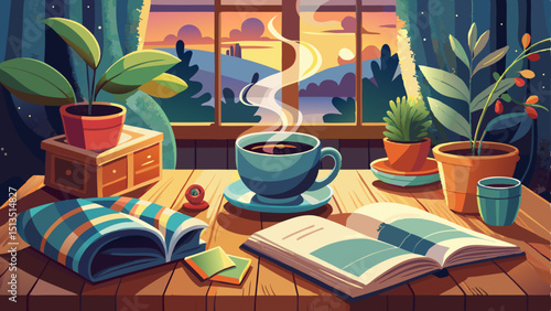 A steaming cup of coffee sits beside an open journal on a wooden table, surrounded by soft light, cozy blankets, and houseplants, embracing mindfulness, self-care, and peaceful mornings.