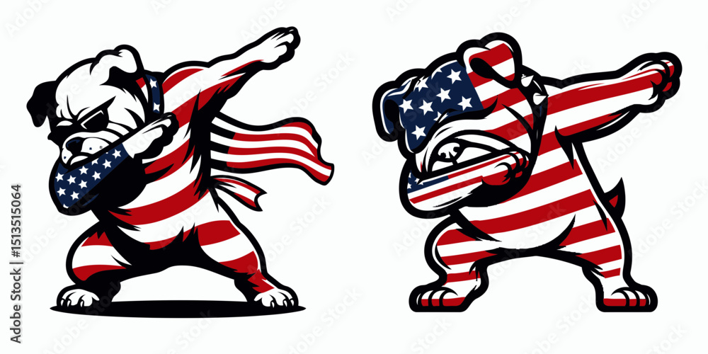 Obraz premium bulldog with american flag dabbing. 4th of July Independence Day Patriotism USA Clipart Vector Illustration. Canine breed waving old glory while gesturing cool pose.
