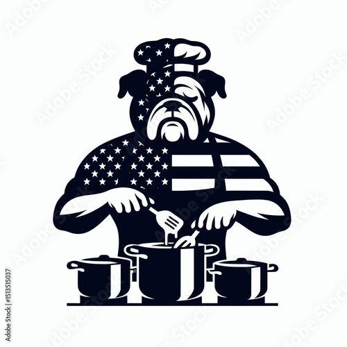 bulldog with american flag Cooking together. 4th of July Independence Day Patriotism USA Clipart Vector Illustration. Patriotic canine helper prepping meal at home using united states symbol.