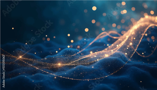 Blue denim background with winter snowflakes and glowing holiday lights
