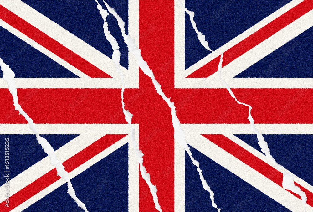 Fototapeta premium Torn and textured, a Union Jack flag symbolizes fractured unity, portrayed with raw edges and emotional weight, rendered in a visually impactful, graphic style.