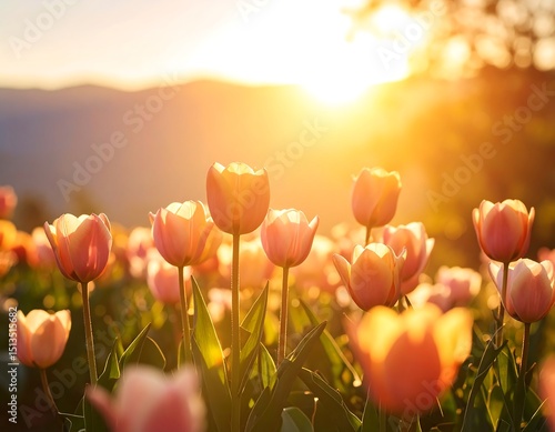 Sunrise on a field of tulips
