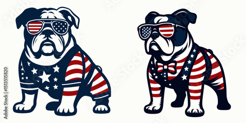 bulldog with american flag Wearing matching outfits. 4th of July Independence Day Patriotism USA Clipart Vector Illustration. Canine breed banner donned in coordinated attire patriotic theme.