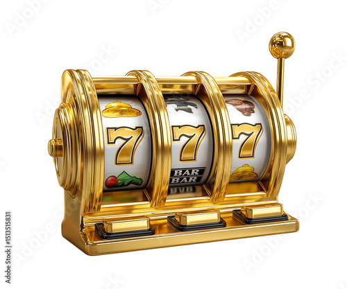 Set of gold slot machine icons, 3D render game machine on transparent background