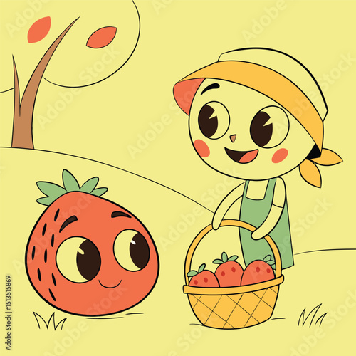 Illustration of a Child Happily Picking Strawberries in a Scenic Garden