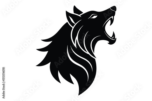 Dark vector silhouette of wild wolf head for hunting logo